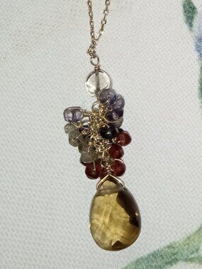 Gold plated sterling Silver necklace ~ Labradorite & Garnet & Smokey Quartz